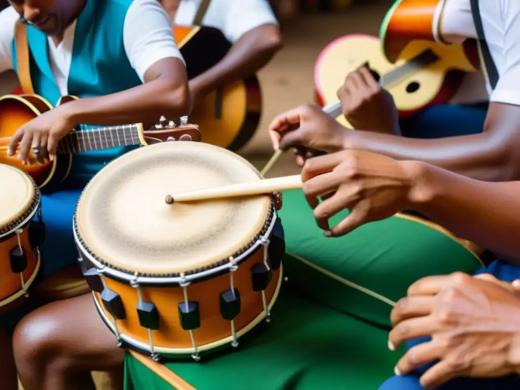 Imagen 8k detallada de una animada 'roda de samba' en Brasil, con músicos tocando cavaquinho, guitarra, pandeiro y tamborim