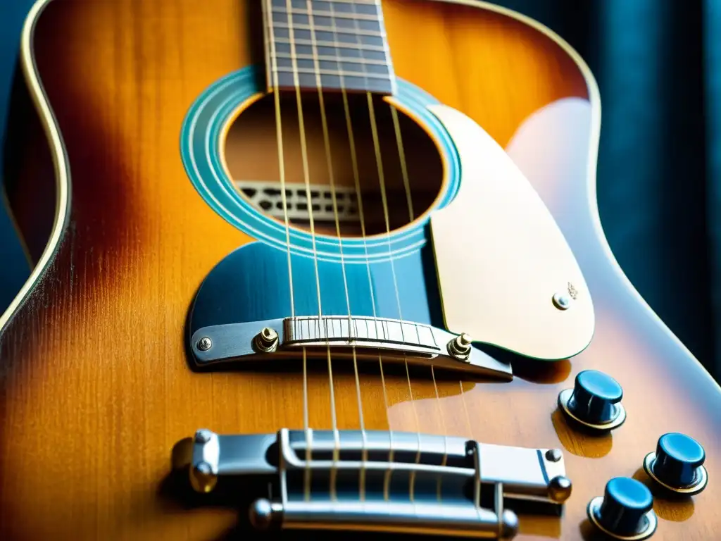 Una imagen detallada de una antigua botella de vidrio desgastada descansando sobre las cuerdas de una guitarra de blues