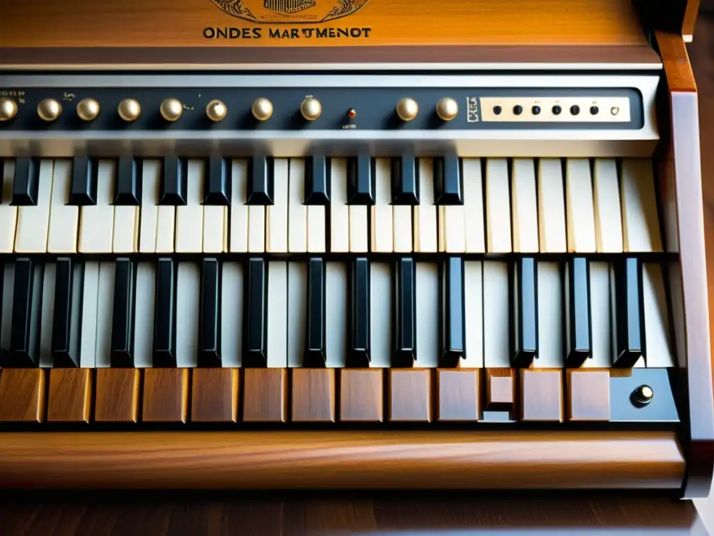 Detalle vintage del Ondes Martenot: singularidad y belleza Una imagen detallada y cálida del Ondes Martenot, un instrumento icónico en la música indie experimental