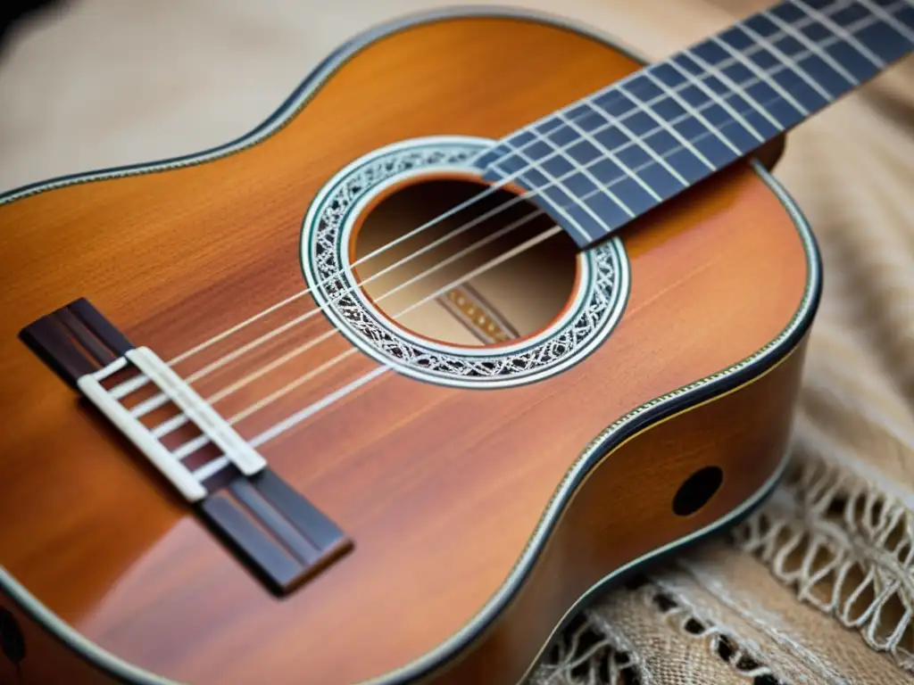 Una imagen detallada de un charango andino tradicional, mostrando su elaborada artesanía y la historia del charango andino en sus desgastes