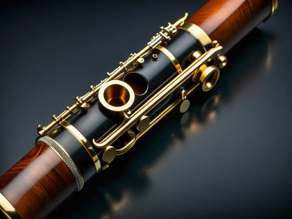 Una imagen detallada en 8k de un clarinete de basset, resaltando su diseño único y ornamentado