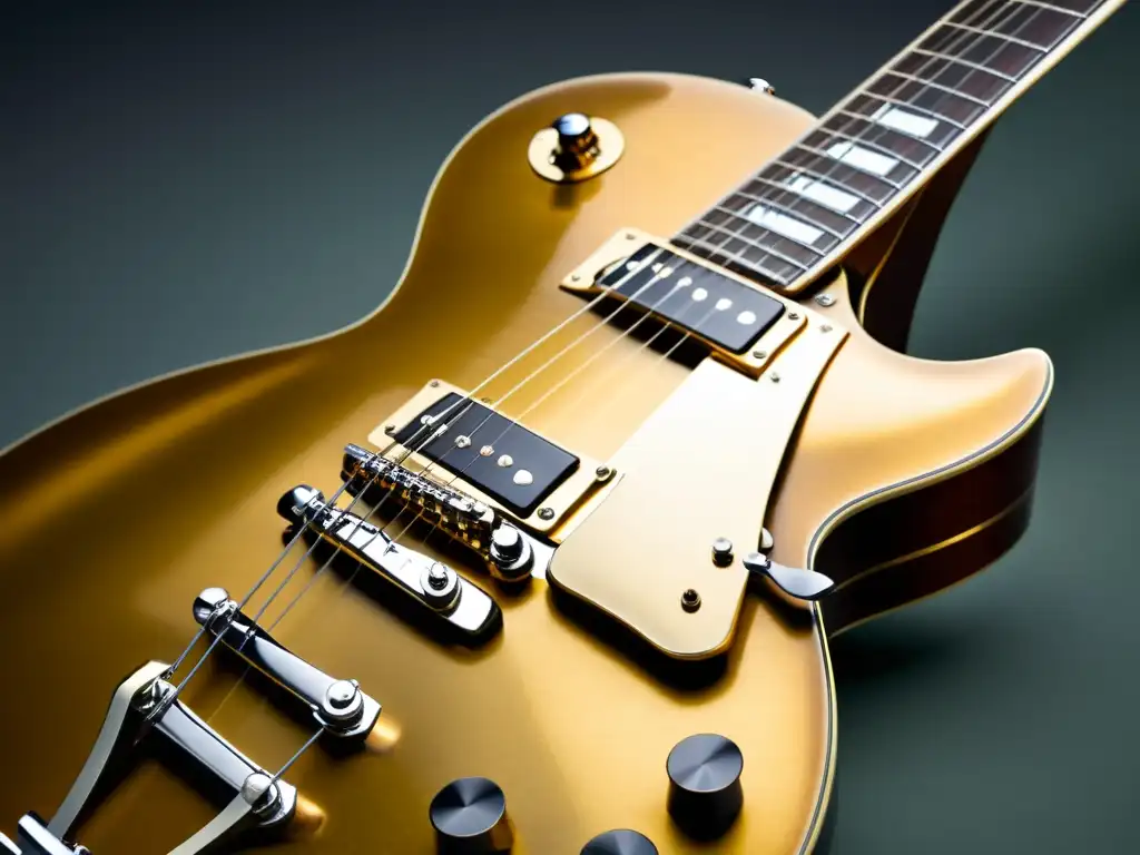 Una imagen detallada de la icónica guitarra eléctrica Les Paul 'Goldtop' de 1952, evocando la historia y la iconografía del rock