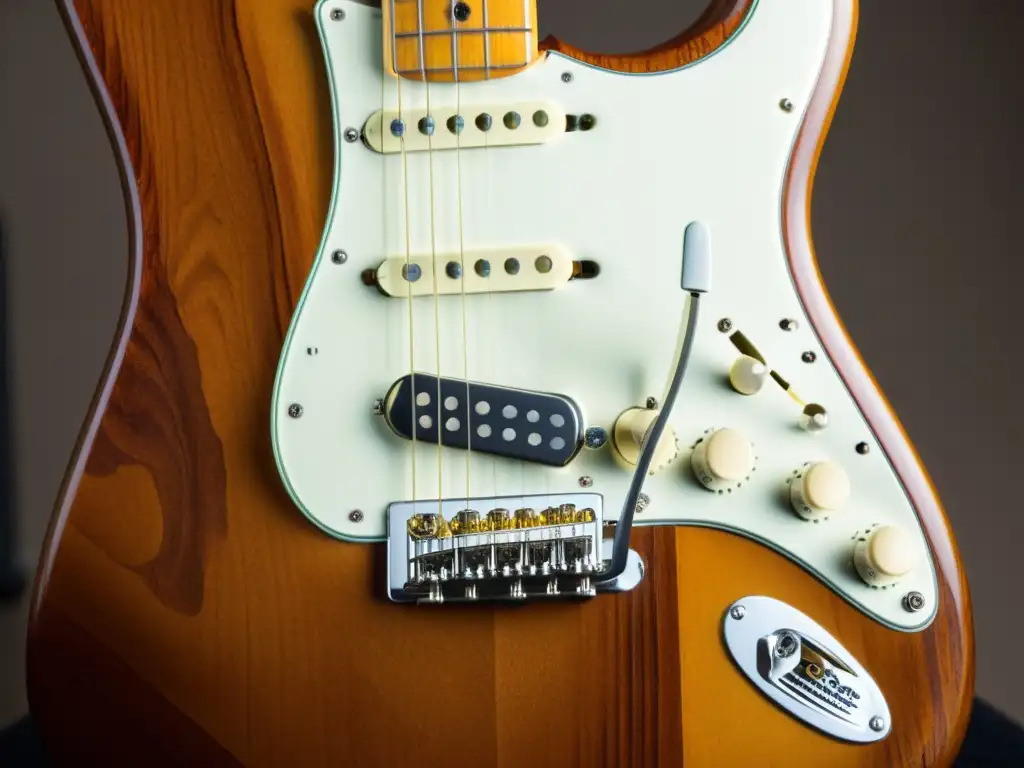 Una imagen detallada muestra la icónica guitarra eléctrica Fender Stratocaster vintage, revelando la belleza de su madera, el desgaste en el diapasón y los intrincados componentes en su interior