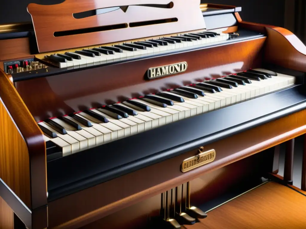 Una imagen detallada y envolvente de un órgano Hammond B3, con su diseño icónico de doble teclado, tiradores y acabado de madera distintivo