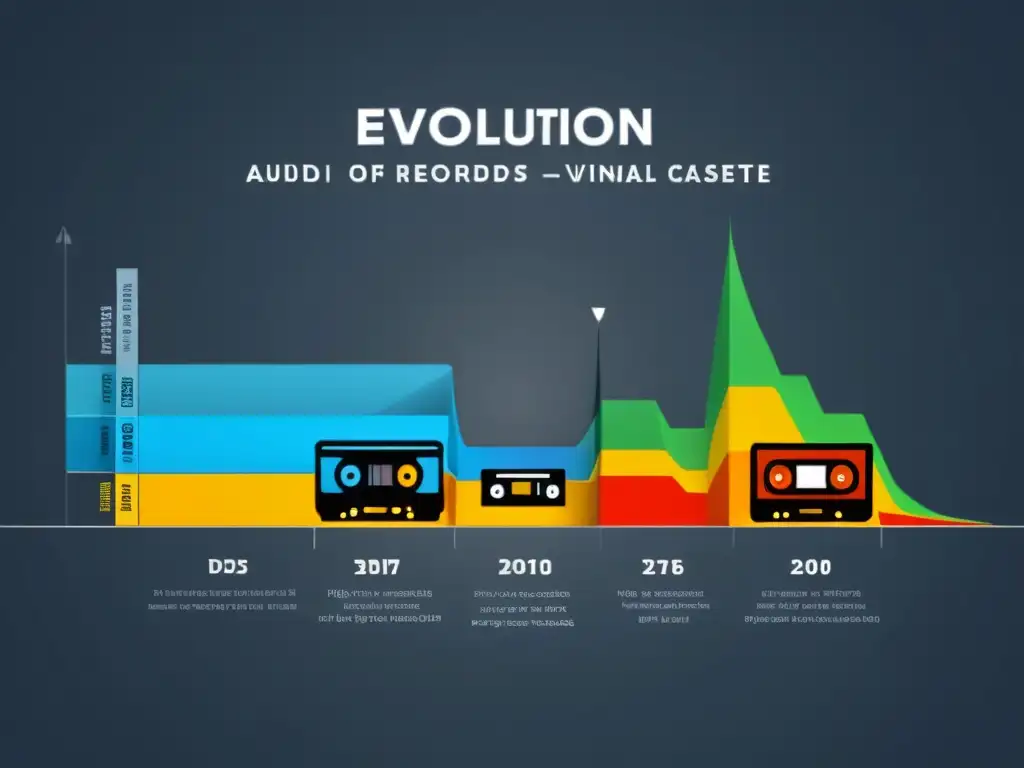 Una imagen detallada muestra la evolución de formatos de audio desde vinilos hasta la tecnología de audio 3D