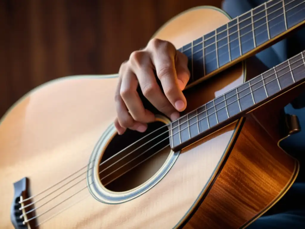 Imagen detallada de una guitarra acústica desgastada, tocada por un músico apasionado