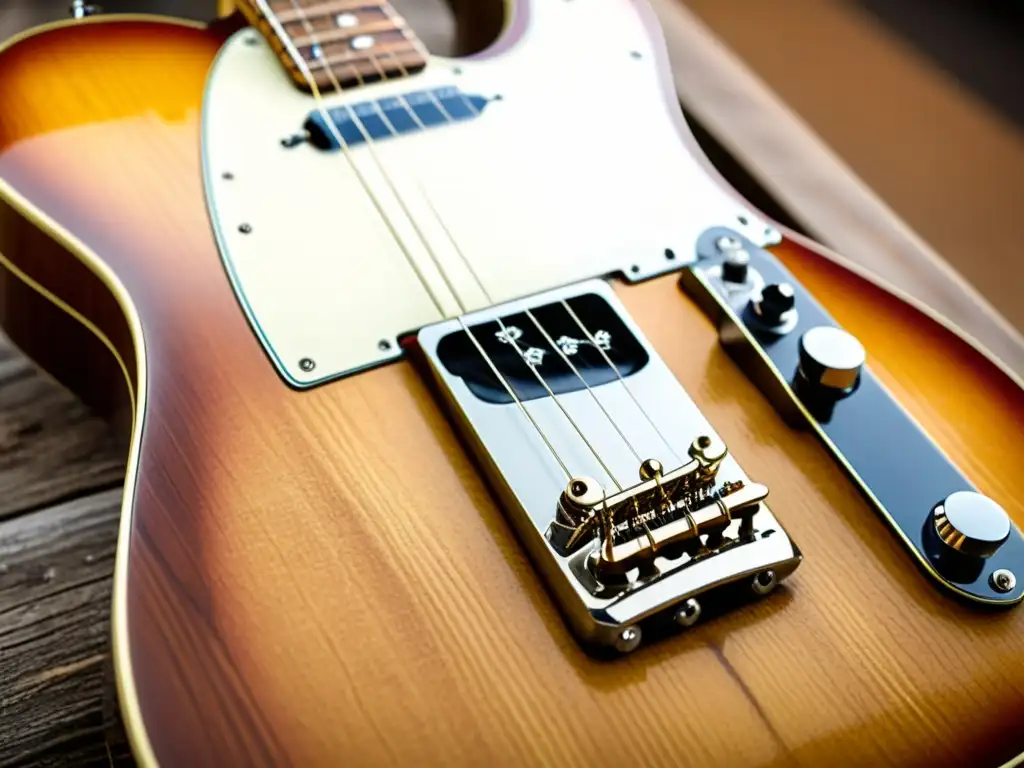 Una imagen detallada de una guitarra eléctrica vintage Fender Telecaster, resaltando la madera, el diapasón desgastado y los herrajes envejecidos