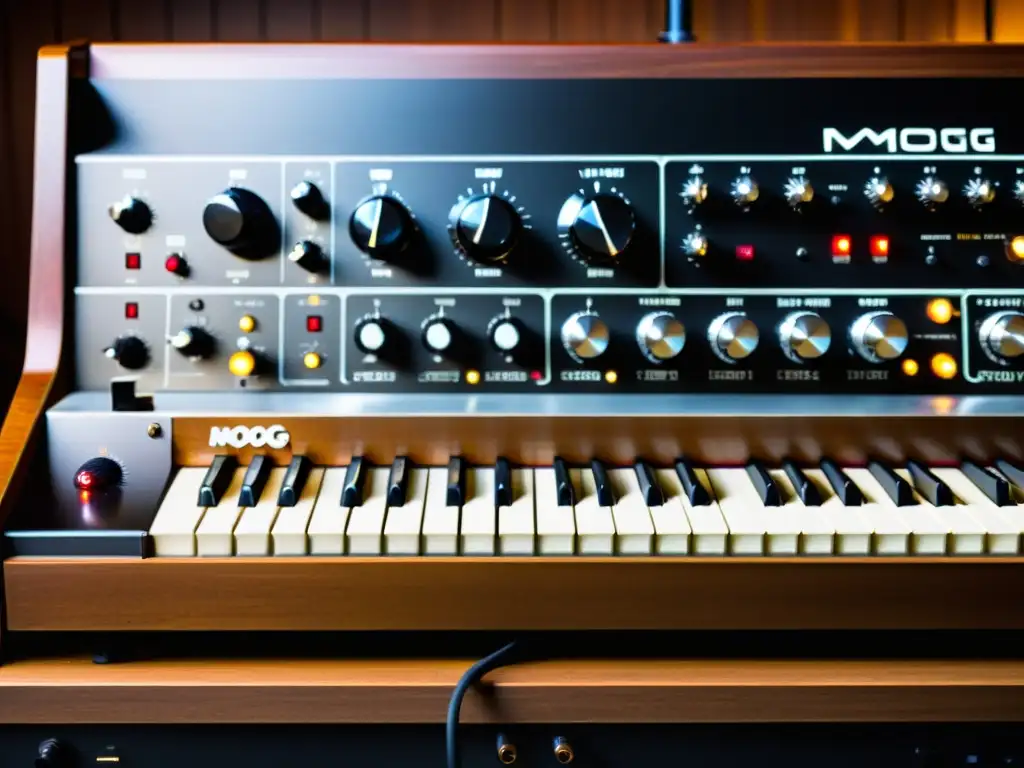 Una imagen detallada del icónico sintetizador Moog, evocando nostalgia y reverencia por este pionero de la música electrónica