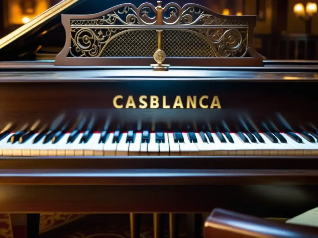 Imagen detallada del icónico piano de la película 'Casablanca', con Sam tocando 'As Time Goes By' en un bar oscuro y con humo