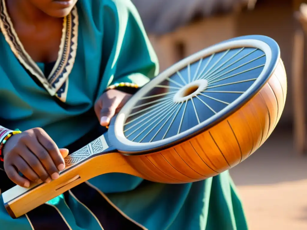 Una imagen detallada muestra el instrumento musical uhadi con un pueblo Xhosa de fondo, capturando su historia y resonancia cultural