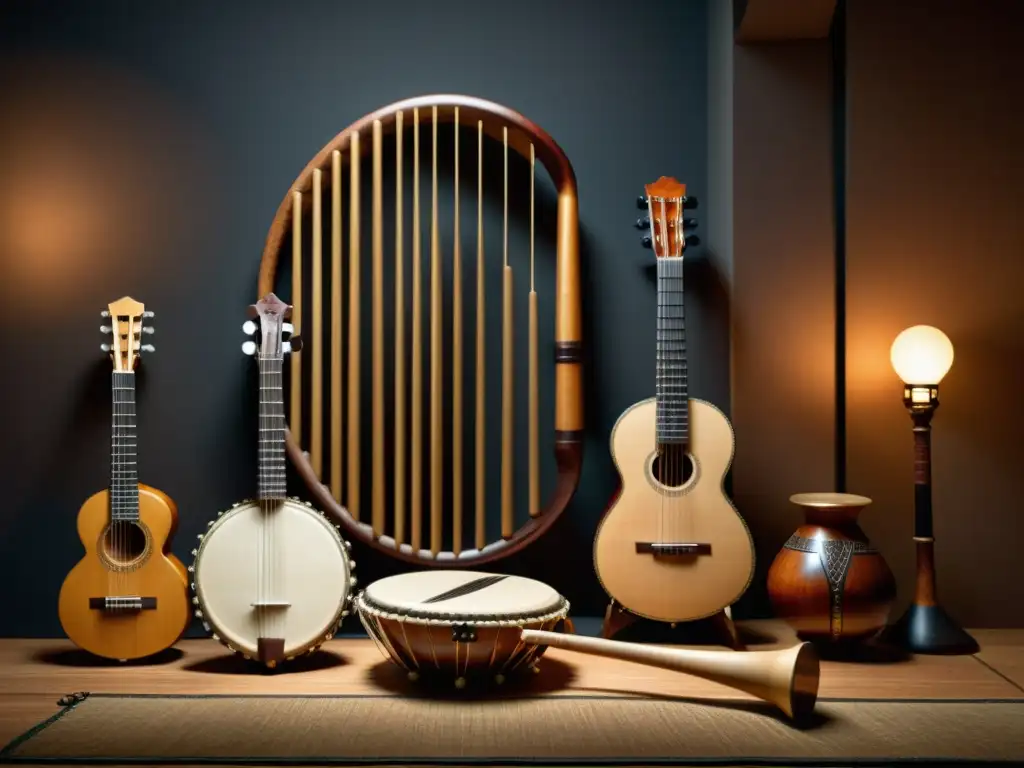 Una imagen detallada en 8k de instrumentos musicales tradicionales del mundo en una sala atmosférica