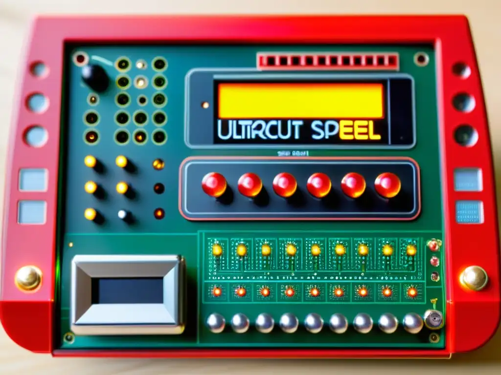 Una imagen detallada de un juguete Speak & Spell modificado mediante circuit bending, mostrando la complejidad y la belleza de la modificación