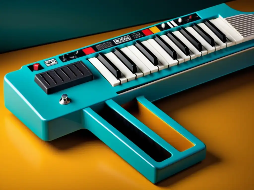 Una imagen 8K detallada de un keytar vintage de los 80, destacando su diseño único que combina teclado y guitarra