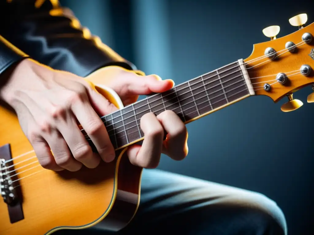 Imagen detallada de una mano de guitarrista generando armónicos con precisión, destacando las técnicas armónicos guitarra