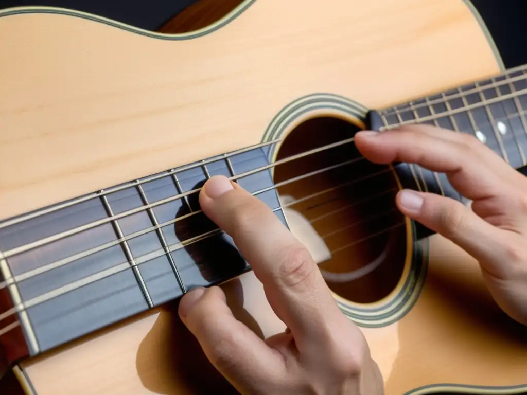 Imagen detallada de mano de guitarrista usando técnica cejilla para acordes completos en guitarra acústica