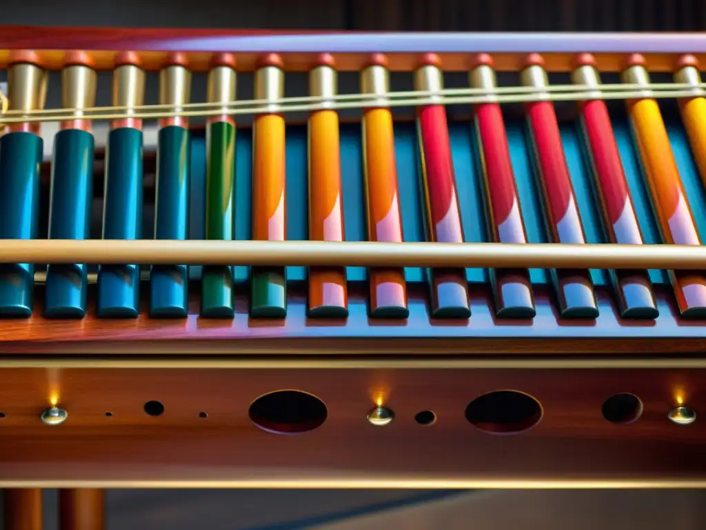 Una imagen detallada de una marimba magníficamente elaborada, resaltando la madera y los vibrantes mazos coloridos