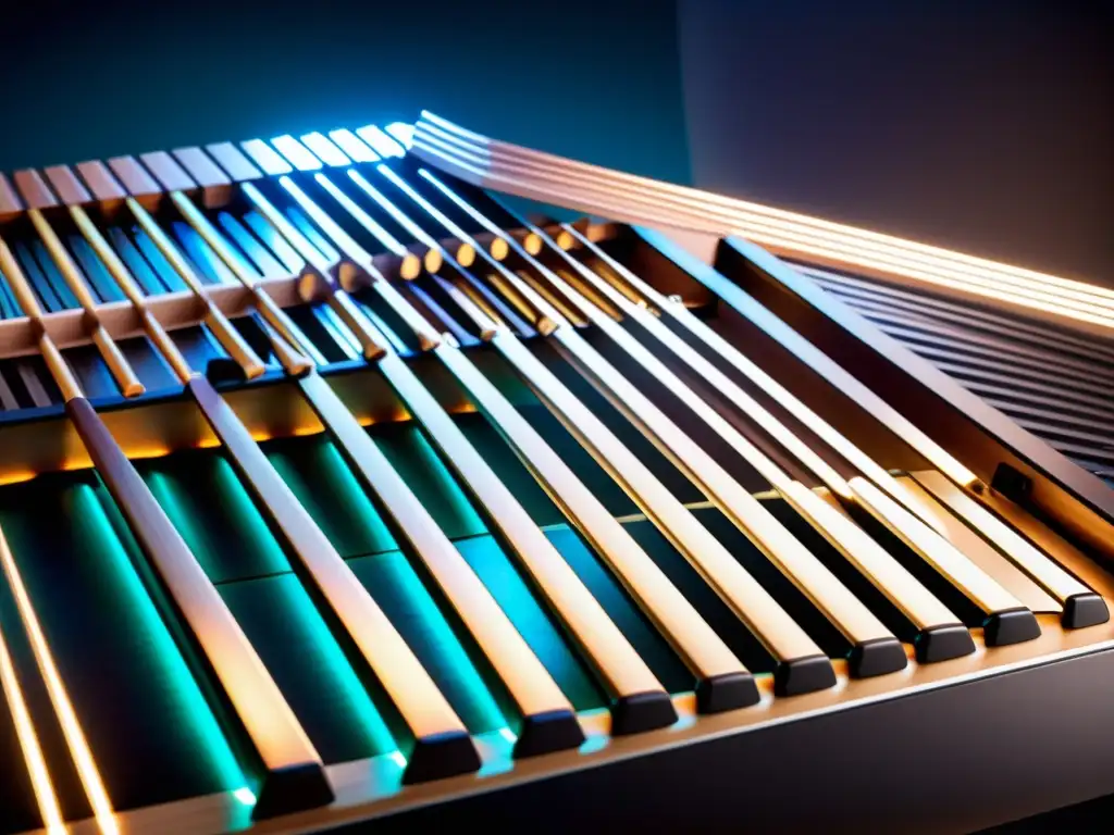 Una imagen detallada de una marimba electrónica moderna, resaltando su diseño futurista y su conexión con la percusión tradicional