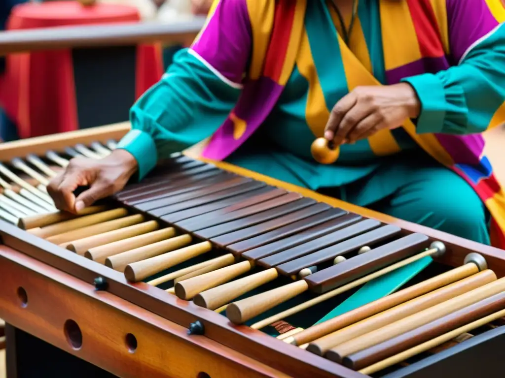 Imagen detallada de marimba tradicional tocada durante festival en América Latina, capturando la historia y tradición de la marimba en la región