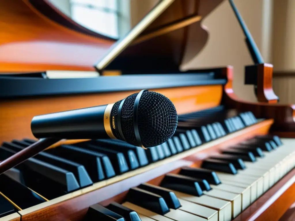 Una imagen detallada de un micrófono de condensador frente a un piano de cola, destacando la artesanía del instrumento