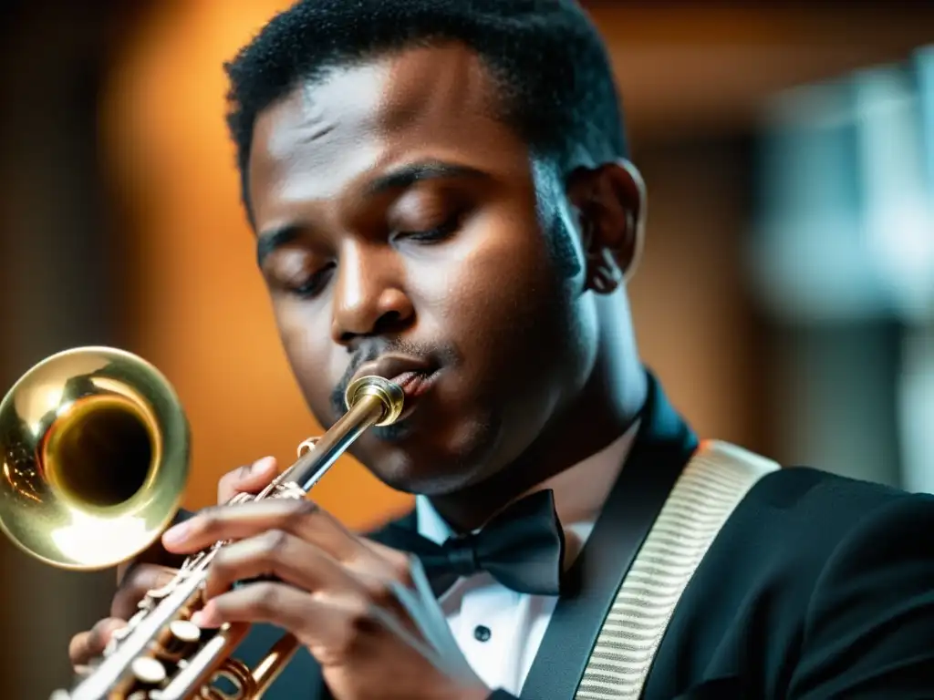 Imagen detallada de músico concentrado tocando instrumento de viento, mostrando técnicas de control dinámico en instrumentos de viento