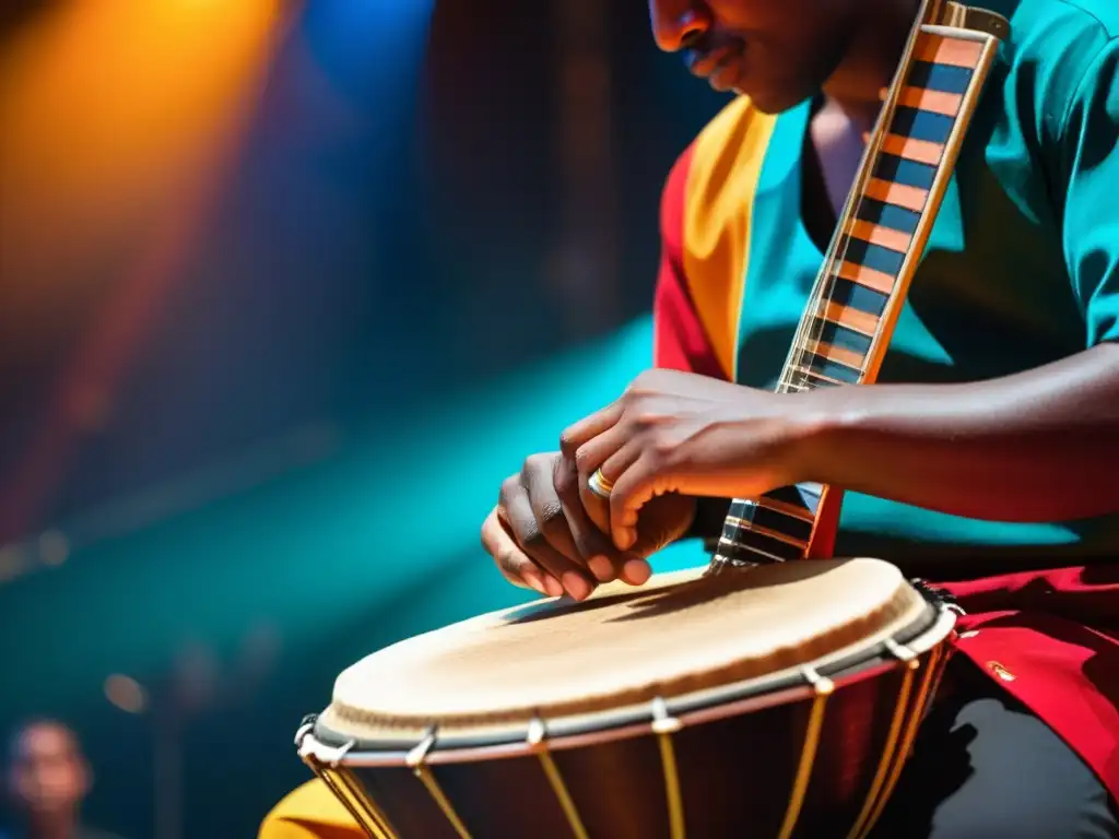 Imagen detallada de músico contemporáneo de gaita en escenario, fusionando tradición y modernidad