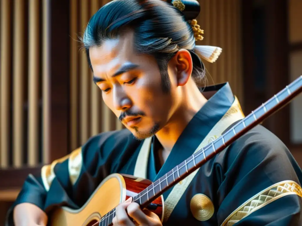 Imagen 8k detallada de un músico japonés tocando el biwa, resaltando historia y sonido del biwa japonés en escenario evocativo