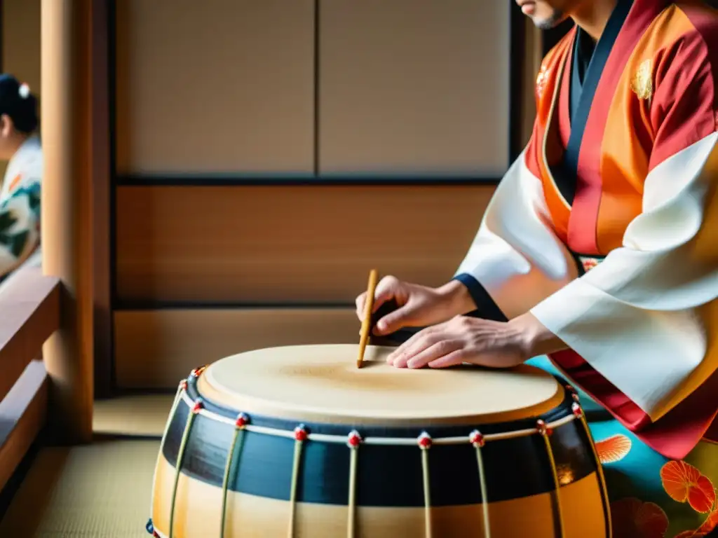 Imagen detallada de un músico japonés tocando el tambor tsuzumi durante una actuación tradicional, mostrando la historia y sonido del tsuzumi japonés