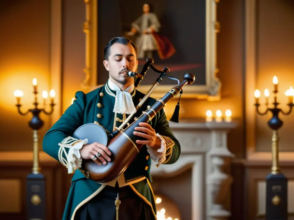 Imagen detallada en 8k de un músico tocando una musette en una sala barroca iluminada por velas, evocando el sonido distintivo del barroco francés