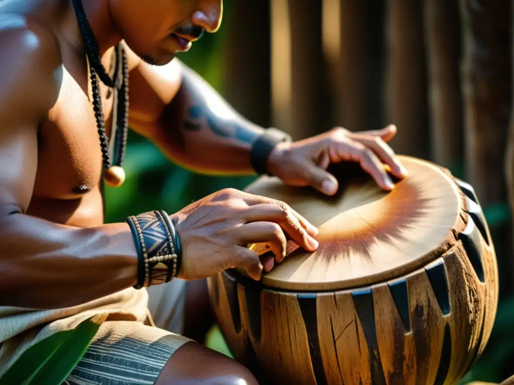 Imagen detallada de músico polinesio tocando el to'ere, instrumento de percusión tradicional tallado en un tronco