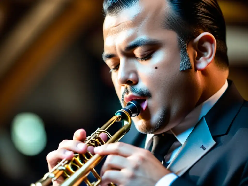 Imagen detallada de un músico profesional tocando un instrumento de viento, resaltando la importancia de la lengua en la ejecución musical