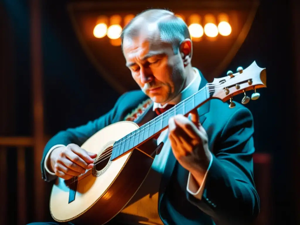 Imagen detallada en 8K de un músico ruso tocando la balalaika en un ambiente íntimo y cálido, capturando la historia y sonido de la balalaika