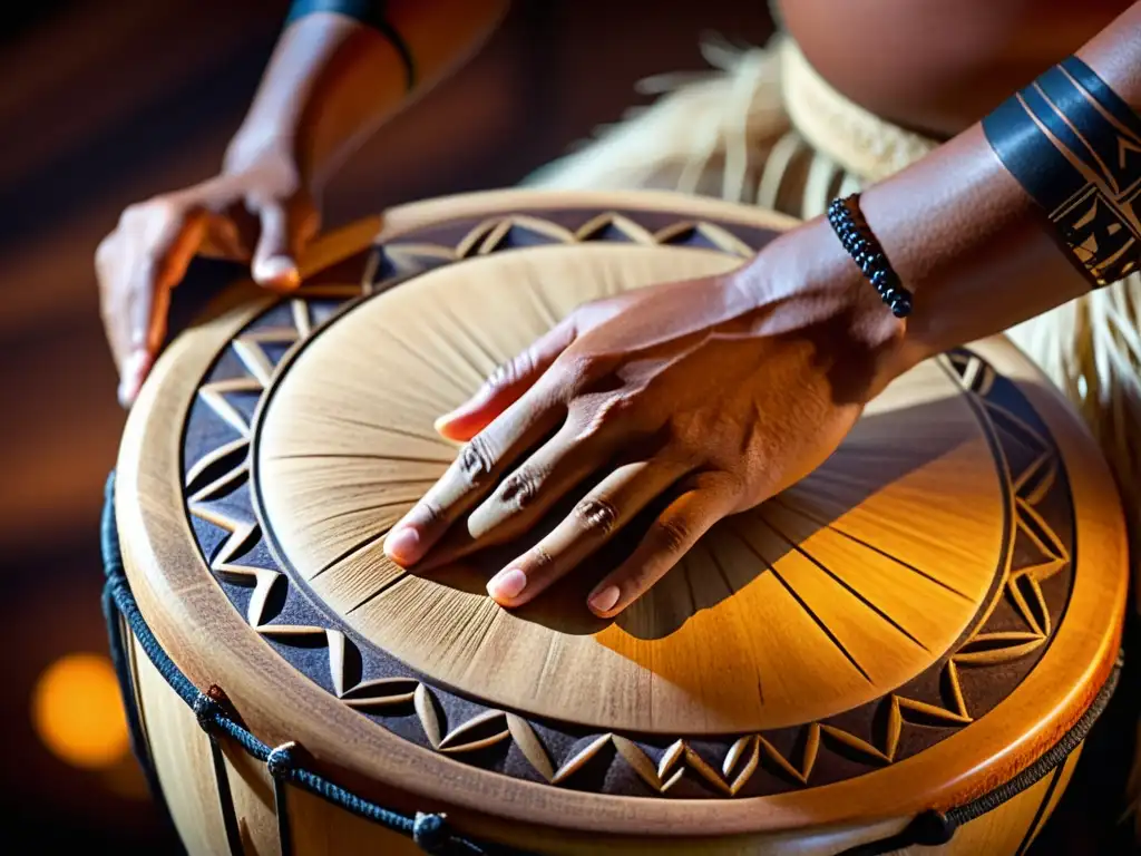 Imagen detallada de un músico tocando un tambor to'ere polinesio, resaltando el sonido polinesio percusión tronco y su energía cultural