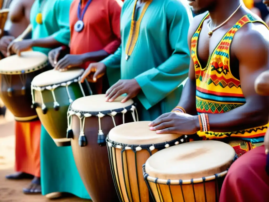 Imagen detallada de músicos africanos tocando tambores tradicionales, con influencia diáspora dispersión instrumentos musicales