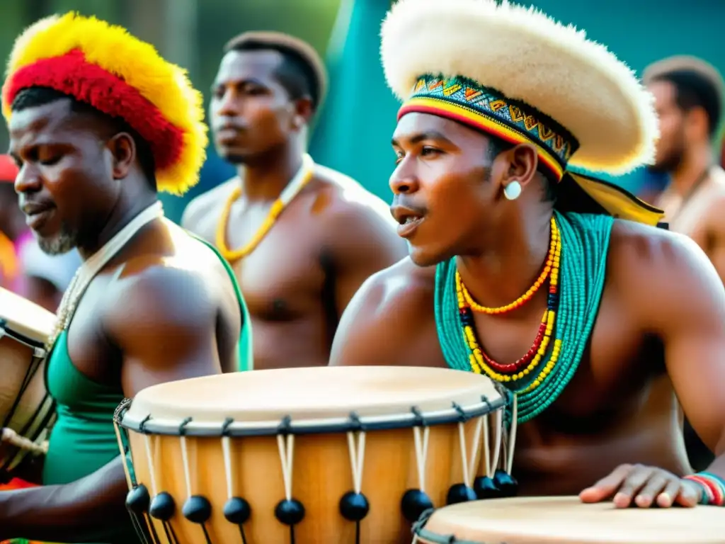 Imagen detallada de músicos Afrocolombianos tocando tambores y el pito atravesado en festividades Afrocolombianas, en trajes tradicionales vibrantes