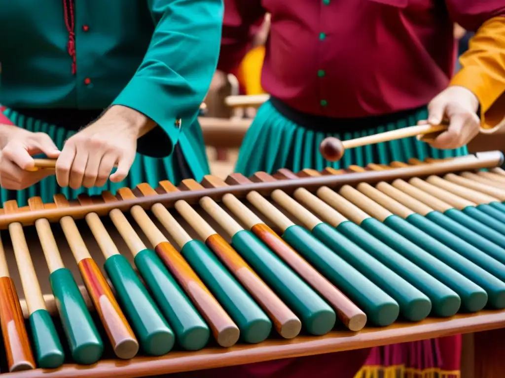 Imagen detallada en 8k de músicos tocando marimba y xilófono, con colores vibrantes y expresiones concentradas