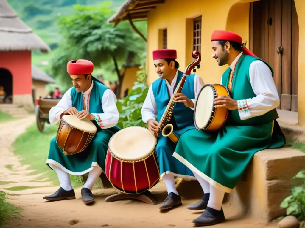 Imagen detallada en 8k de músicos con trajes folclóricos, tocando instrumentos Tamburitzan en un escenario rural de los Balcanes