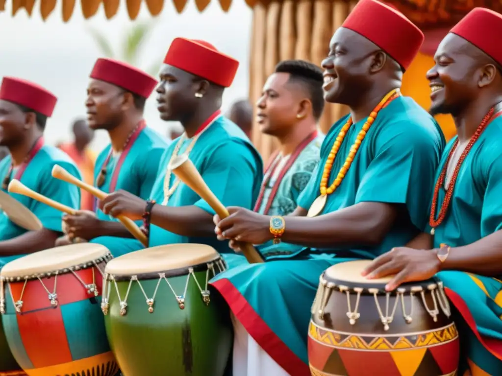 Imagen 8k detallada de músicos Yoruba tocando tambores batá en ceremonia tradicional