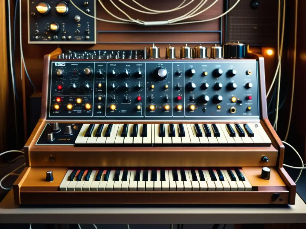 Una imagen detallada y nostálgica del Moog y equipo vintage, evocando la historia de pioneros en la música electrónica