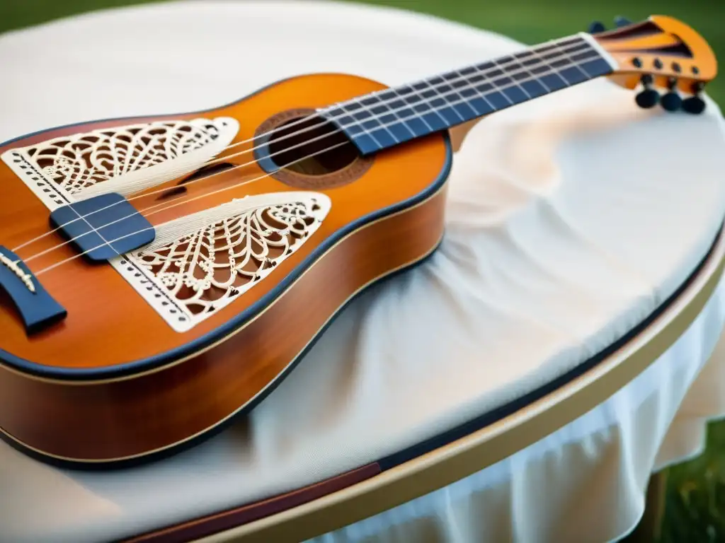 Una imagen detallada de una nyckelharpa sueca tradicional con intrincados grabados en madera, cuerdas y arco de crin