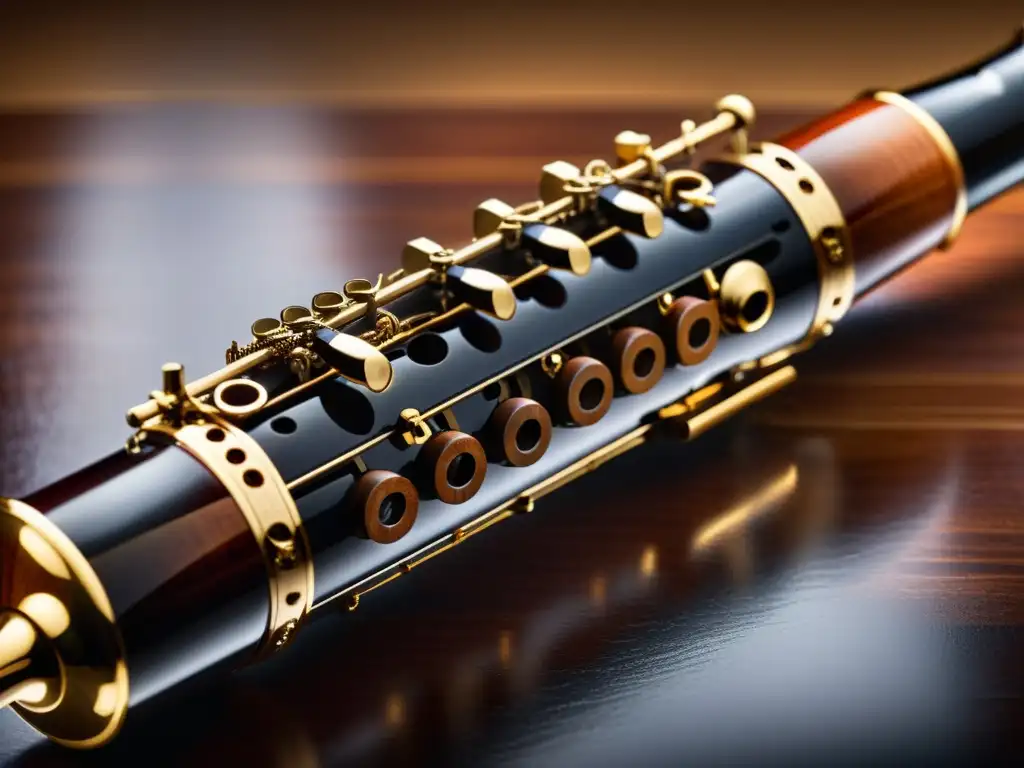 Una imagen detallada de un oboe moderno, resaltando la calidez de la madera y el diseño elegante