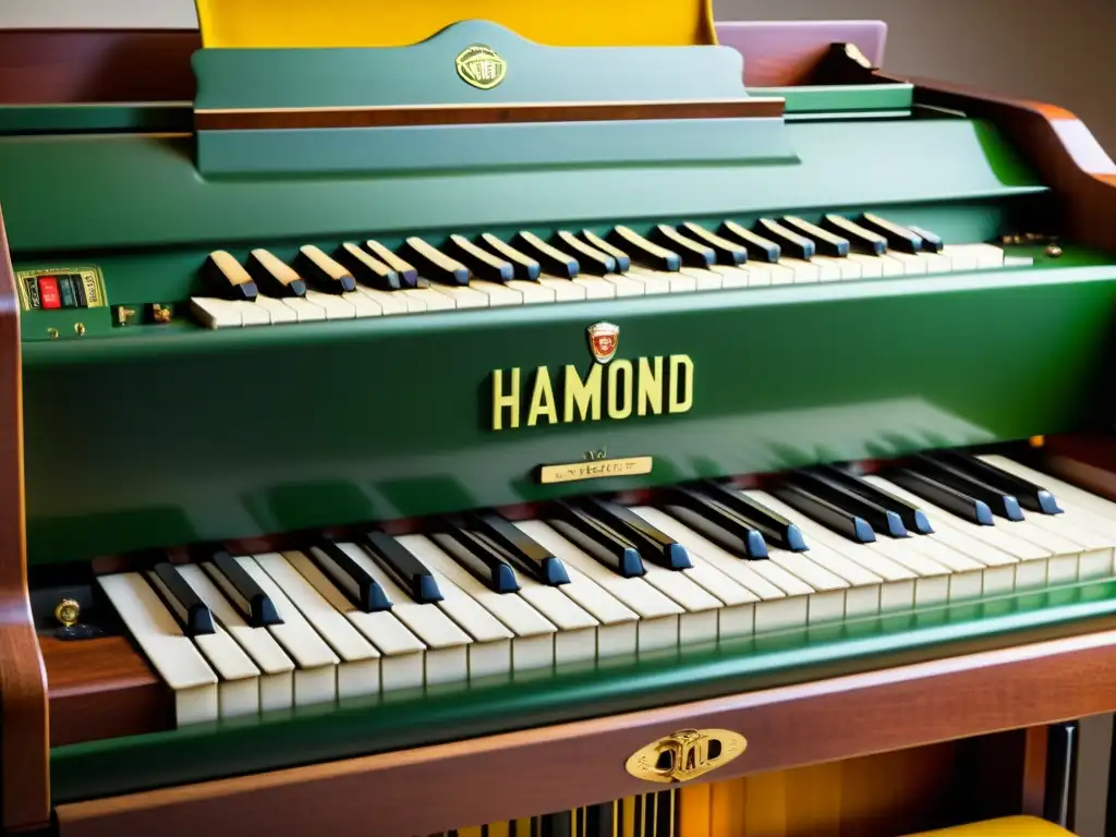 Imagen detallada de un órgano eléctrico vintage Hammond B3, evocando la revolución musical y la calidez de su historia