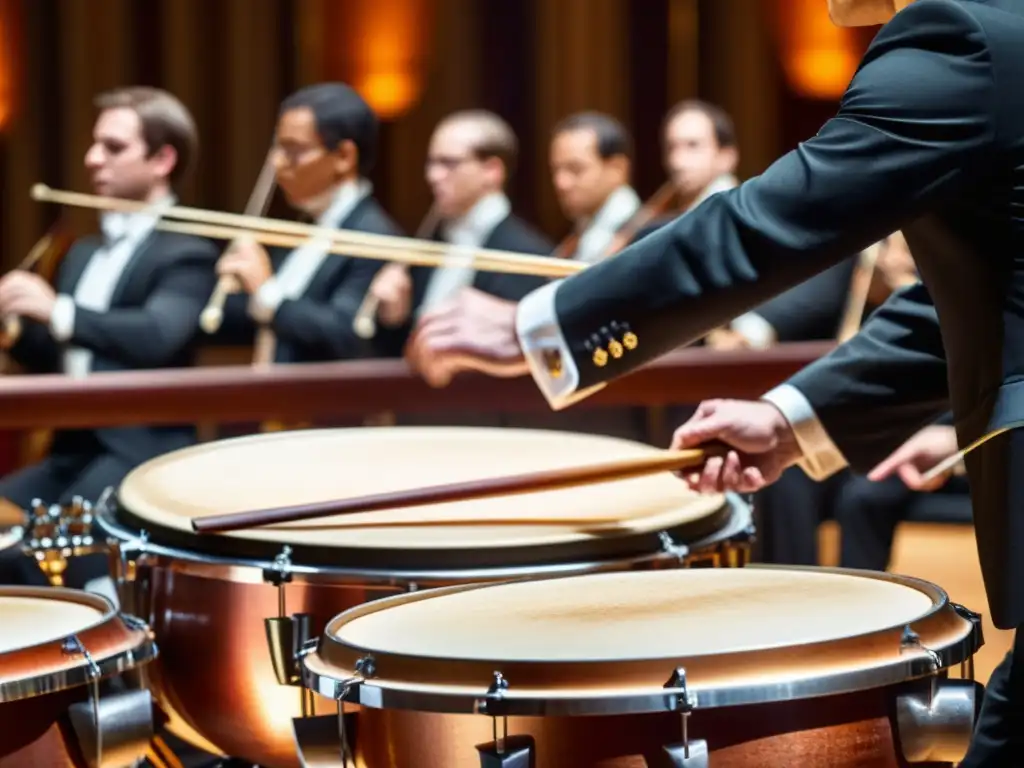 Imagen detallada de una orquesta del siglo XIX con un timbal en pleno concierto, reflejando la grandiosidad y sofisticación de la era romántica