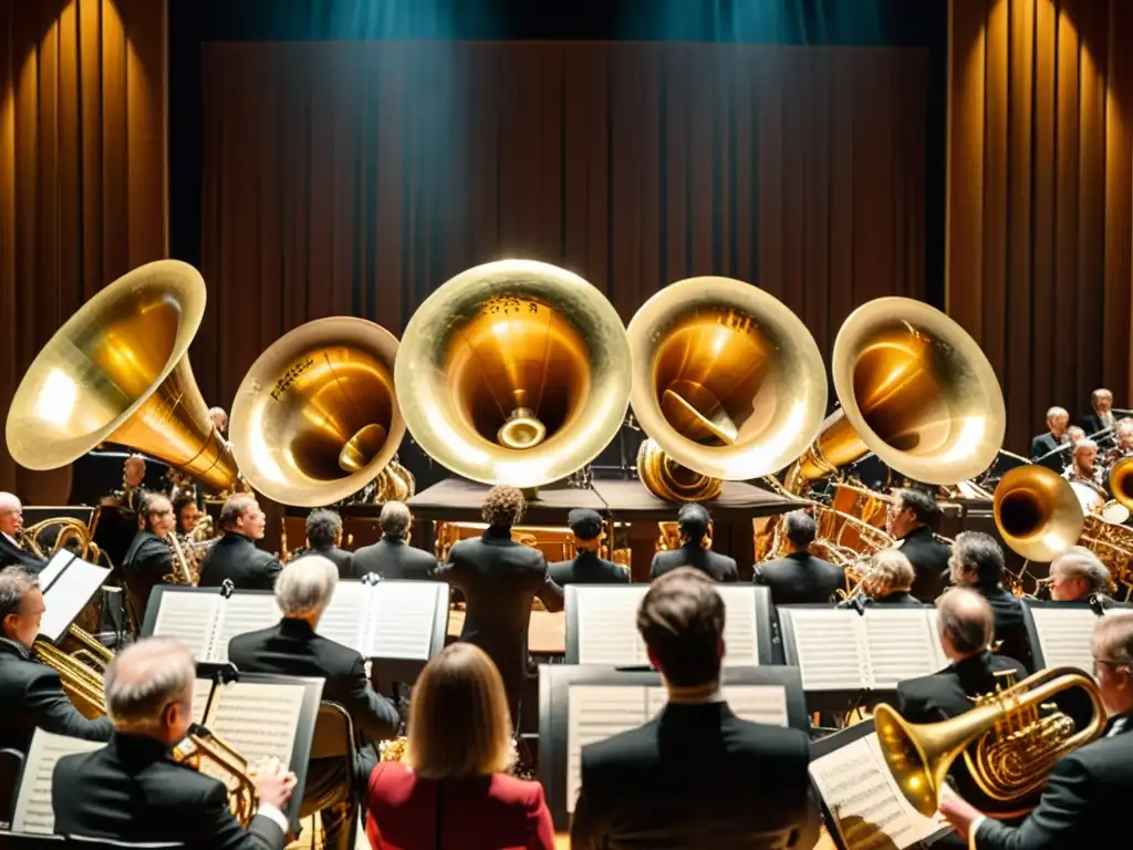 Imagen detallada de una orquesta sinfónica en escena, resaltando la importancia cultural de la tuba en la música clásica y orquestal