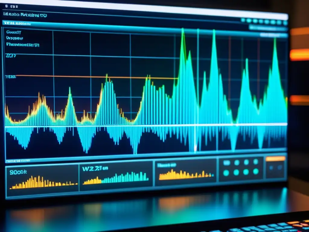 Modelado de sonido: ondas y frecuencias en detalle Imagen detallada de pantalla de computadora mostrando modelado acústico para diseño de instrumentos