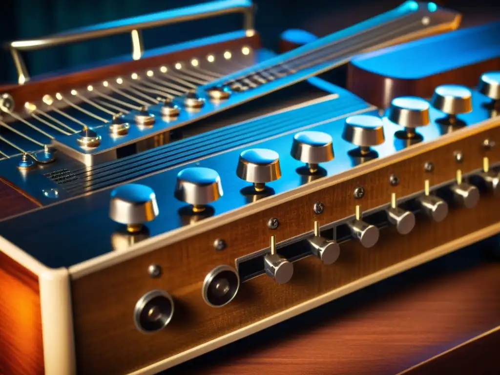 Una imagen detallada de un pedal steel guitar vintage, con cuerdas, perillas y pedales