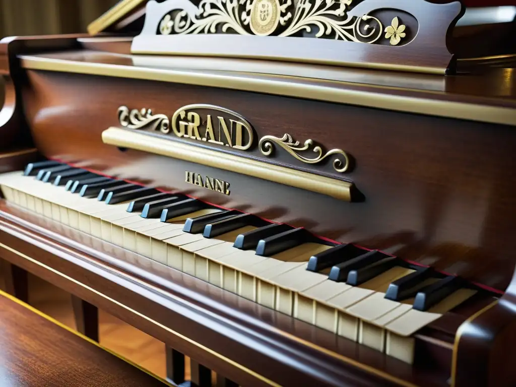 Una imagen detallada de un piano de cola del siglo XIX, resaltando la artesanía, elegancia y nostalgia del instrumento