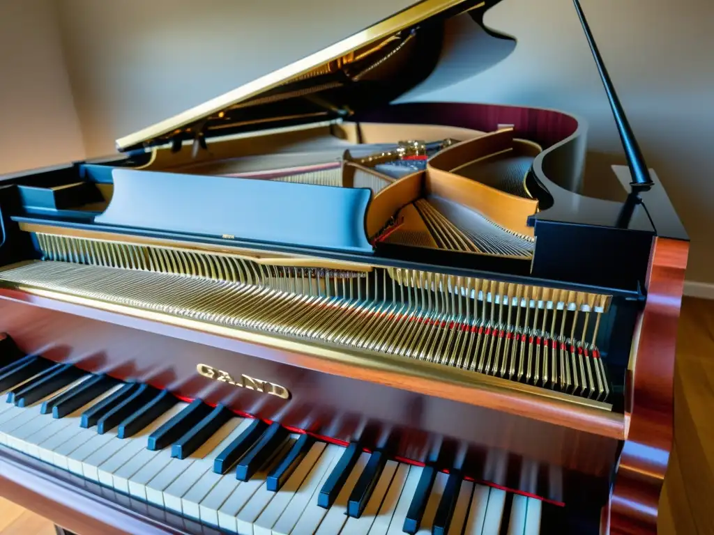 Una imagen detallada de un piano de cola con la tapa abierta, revelando los intrincados mecanismos internos del instrumento