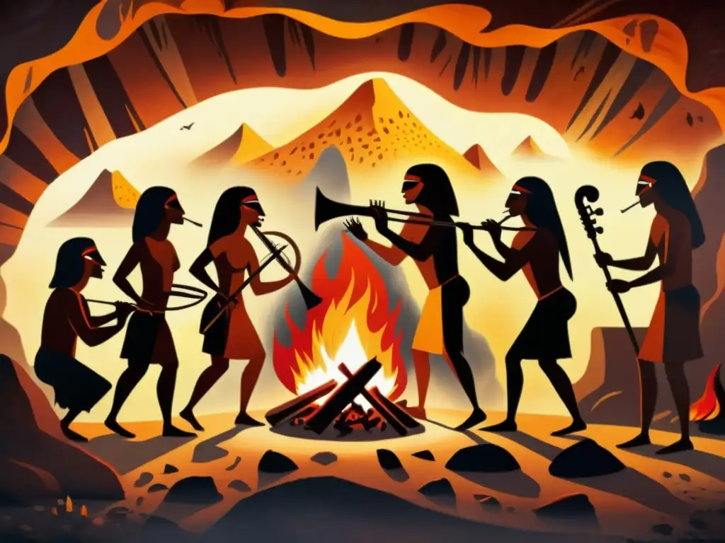 Imagen detallada de una pintura rupestre: prehistóricos tocando instrumentos musicales en un ritual alrededor del fuego ceremonial