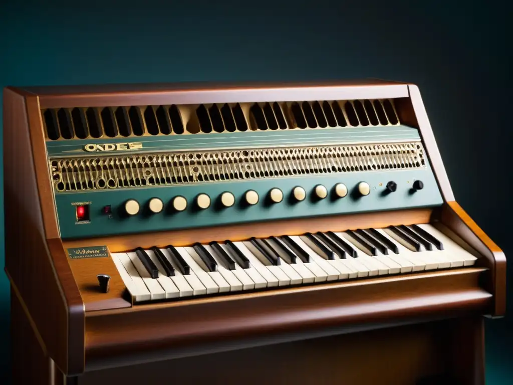 Detalle del Ondes Martenot: diseño vintage y atmósfera indie Una imagen detallada y de alta resolución del vintage instrumento Ondes Martenot, resaltando su diseño intrincado y ornamental