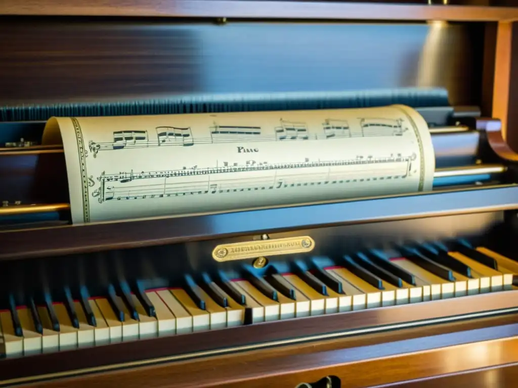 Una imagen detallada de un rollo de piano antiguo siendo tocado en un piano de rollo